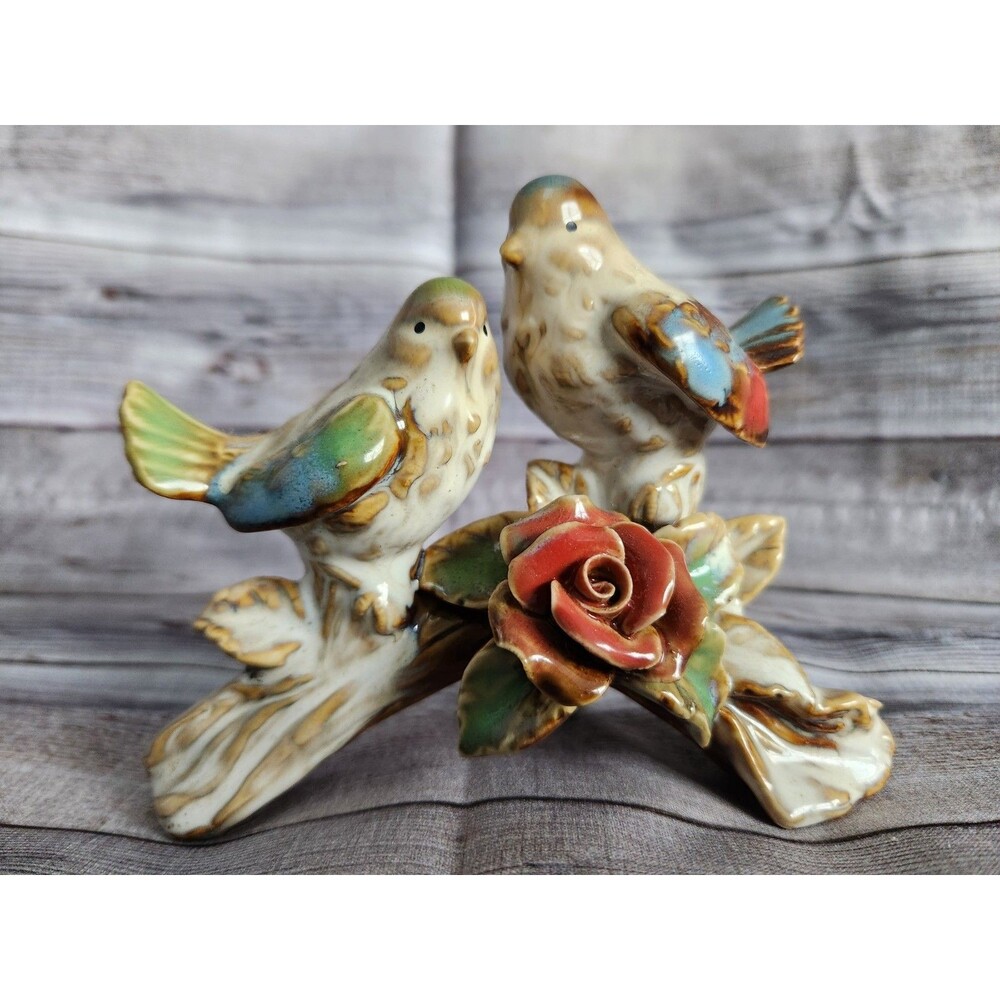 Lovely Ceramic Figurine of Two Blue & Green Birds on twigs w/red flower Rose